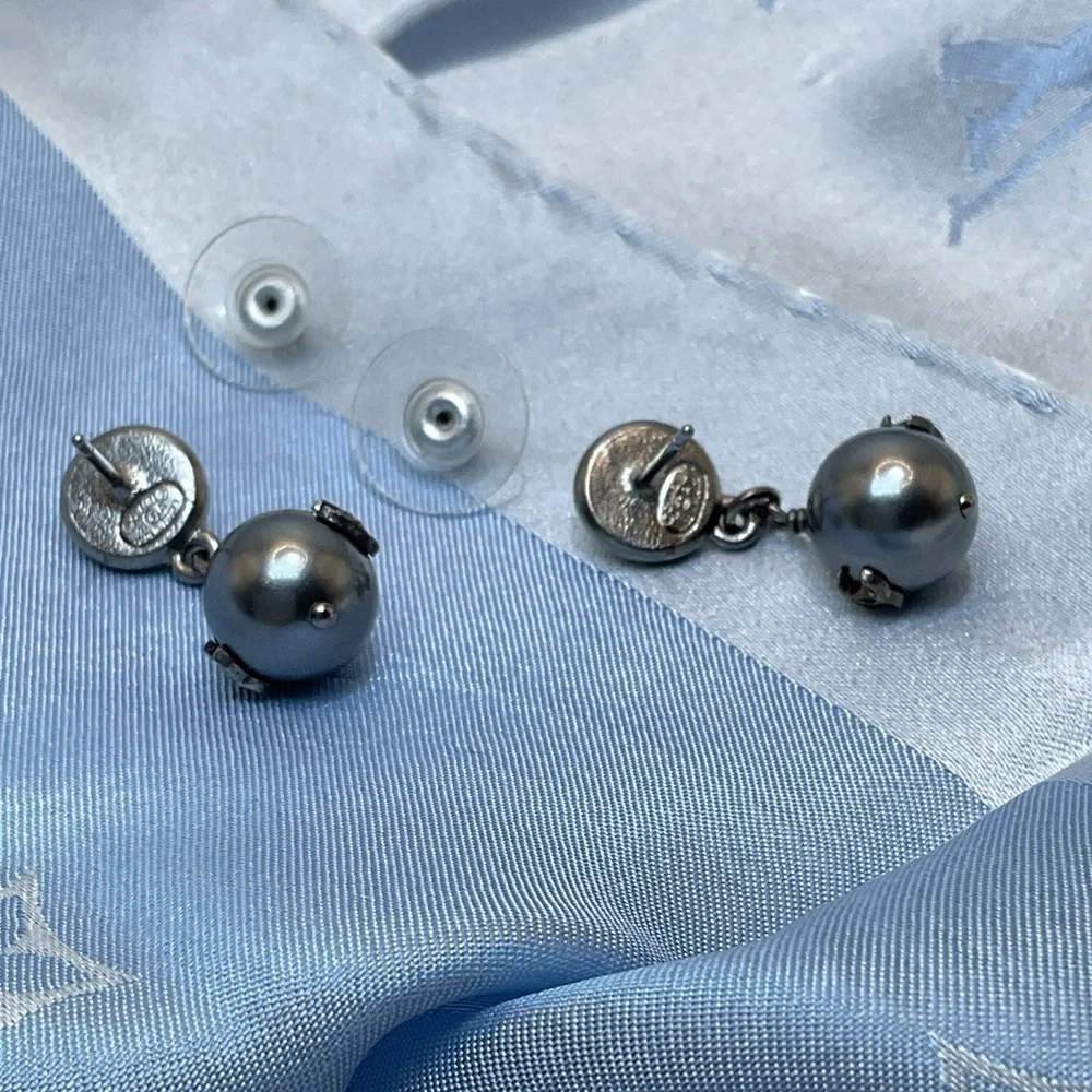 Chanel Silver Crystal and CC Pearl Drop Earrings